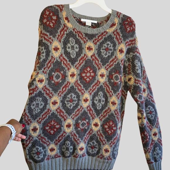 Vintage Perry Ellis Sweater Mens Size Large Burgundy Wool Tribal Knit Grunge 90s - Picture 3 of 14